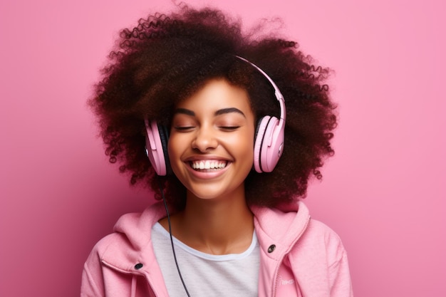 Foto mujer sonriente feliz con cabello rizado afro y auriculares modelo femenino riendo escuchando música en fondo pastel rosa