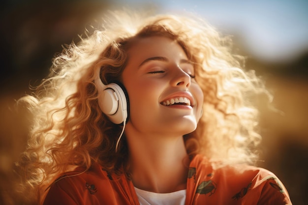 Mujer sonriente feliz escuchando música en auriculares en un día soleado de verano