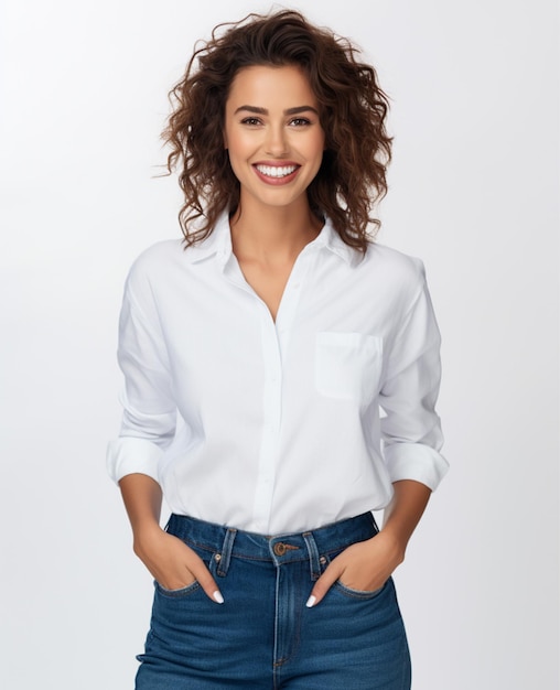 Foto mujer sonriente feliz señalando con dos dedos en su camiseta blanca en blanco