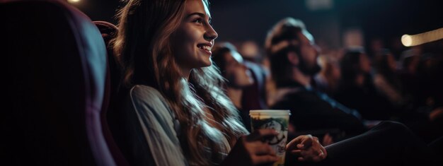 Foto mujer sonriente feliz sentada en un cine y viendo una película