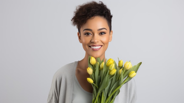 Mujer sonriente feliz sosteniendo un ramo de tulipanes amarillos en un fondo claro creado con tecnología de IA generativa