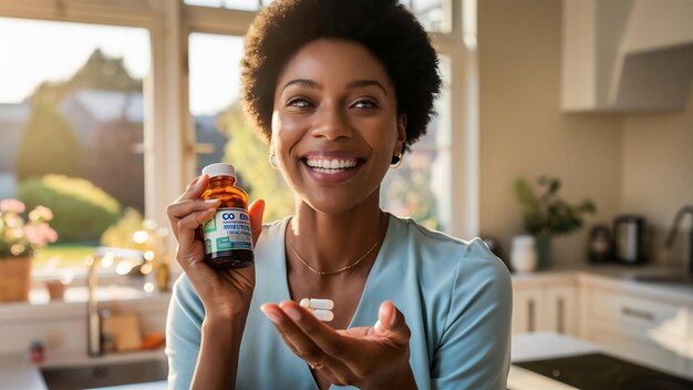 Mujer sonriente feliz tomando píldora con aceite de hígado de bacalao omega3 y sosteniendo