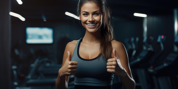 Mujer sonriente fitness y pulgares hacia arriba para el entrenamiento de salud