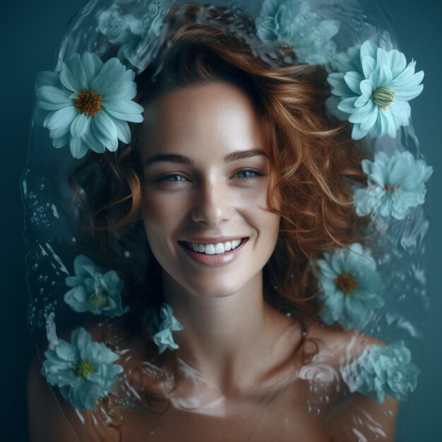 Mujer sonriente con flores en el pelo