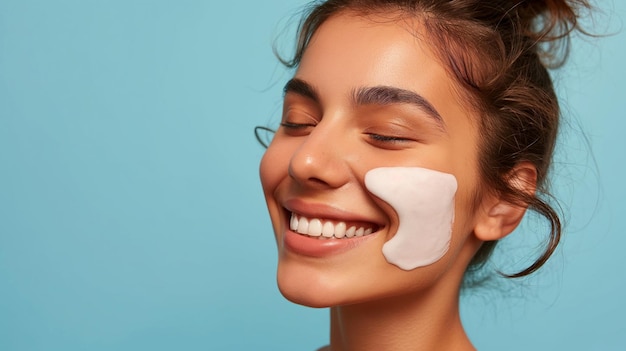 Mujer sonriente con una franja de crema blanca en su mejilla fondo azul vibraciones de cuidado de la piel de verano