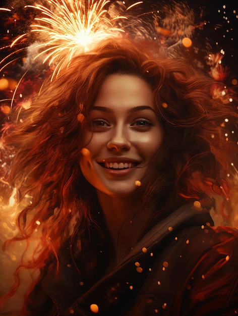 Mujer sonriente con fuegos artificiales
