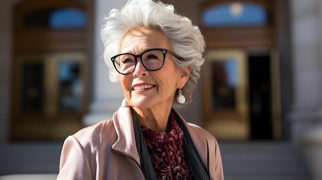 mujer sonriente con gafas y una chaqueta rosa parada afuera de un edificio IA generativa