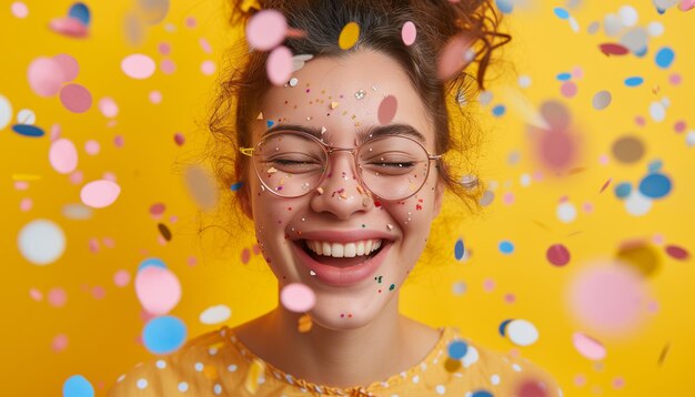 Mujer sonriente con gafas con confeti colorido en fondo amarillo