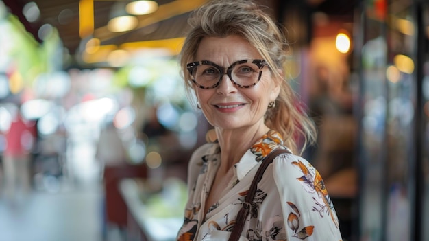 Mujer sonriente con gafas en un entorno casual