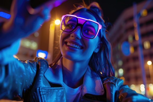 Foto mujer sonriente con gafas inteligentes brillantes tomando selfies en el teléfono inteligente por la noche