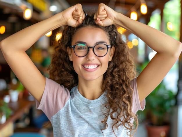 Mujer sonriente con gafas con las manos en la cabeza