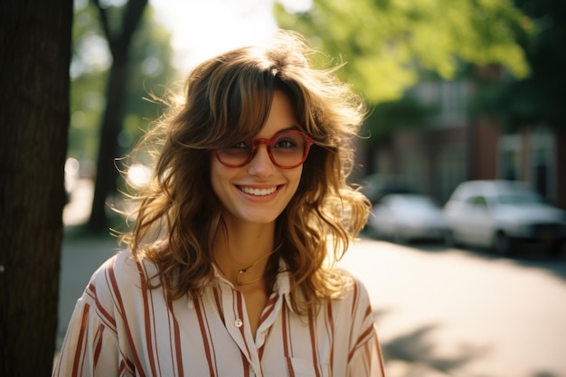 una mujer sonriente con gafas rojas y una camisa a rayas