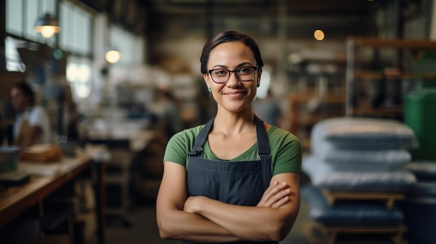 Foto mujer sonriente con gafas de seguridad y un delantal de trabajo verde con varios otros trabajadores con uniformes similares borrosos en el fondo que indican un entorno de equipo en un entorno industrial o de fabricación