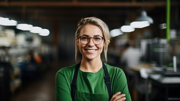 Mujer sonriente con gafas de seguridad y un delantal de trabajo verde con varios otros trabajadores con uniformes similares borrosos en el fondo que indican un entorno de equipo en un entorno industrial o de fabricación