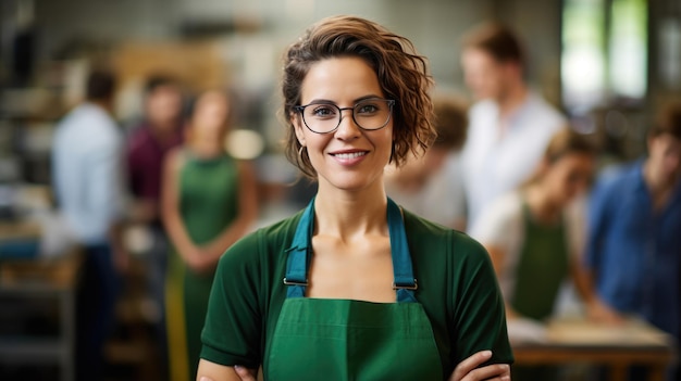 Foto mujer sonriente con gafas de seguridad y un delantal de trabajo verde con varios otros trabajadores con uniformes similares borrosos en el fondo que indican un entorno de equipo en un entorno industrial o de fabricación