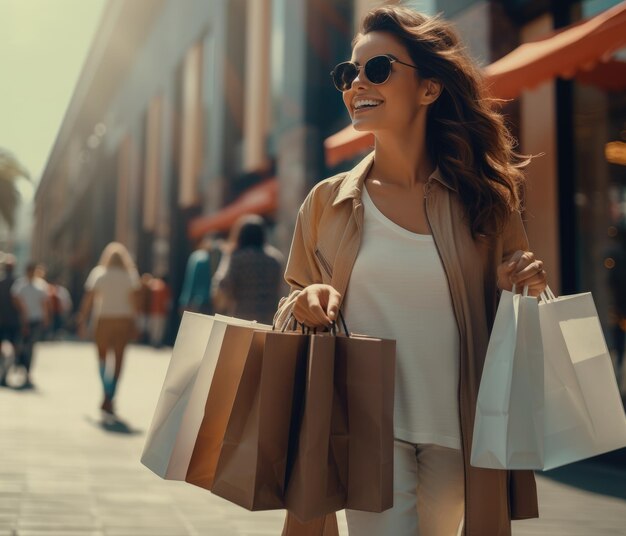 Mujer sonriente con gafas de sol con cuatro bolsas de papel marrón y blanco en una calle soleada