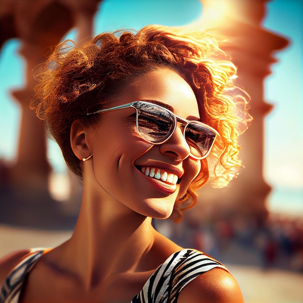 Mujer sonriente con gafas de sol disfrutando de actividades de ocio al aire libre IA generativa