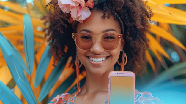 Mujer sonriente con gafas de sol y una flor en el cabello sosteniendo un teléfono inteligente