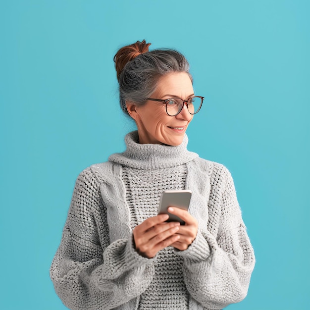 Mujer sonriente con gafas sosteniendo un teléfono inteligente contra un fondo azul