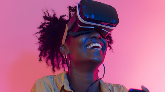 Foto mujer sonriente con gafas virtuales