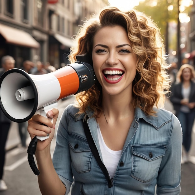 Foto mujer sonriente hablando en megáfono con el fondo de la calle