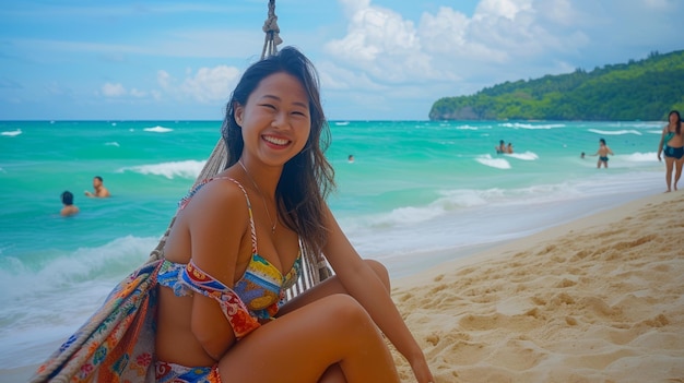 Mujer sonriente en una hamaca en una playa de las Filipinas