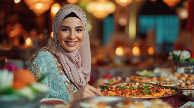 Foto una mujer sonriente con un hijab se sienta en una mesa adornada con una variedad de platos