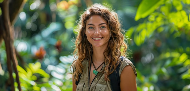 Mujer sonriente en un jardín natural con exuberante vegetación