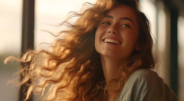 Mujer sonriente joven adulto felicidad estilos de vida cabello castaño mujeres alegres generadas por inteligencia artificial