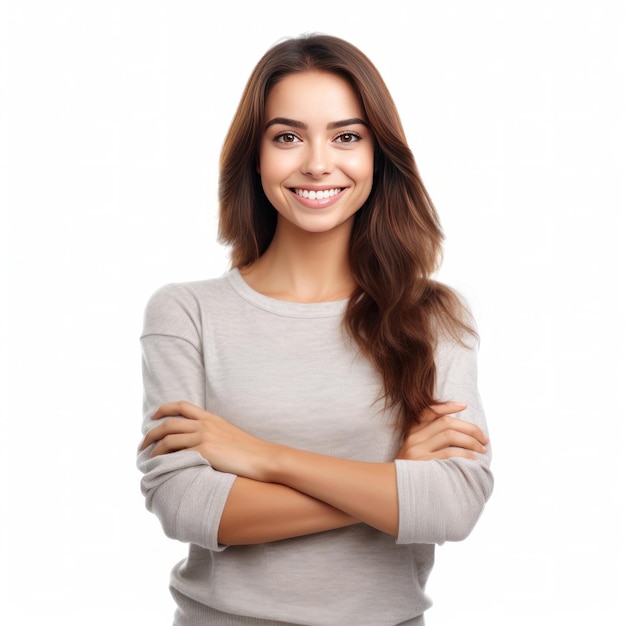 Mujer sonriente joven mirando a la cámara con los brazos cruzados aislado Ilustración AI GenerativexA