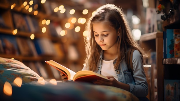 Mujer sonriente leyendo un libro en un acogedor café rodeada por la calidez de la educación