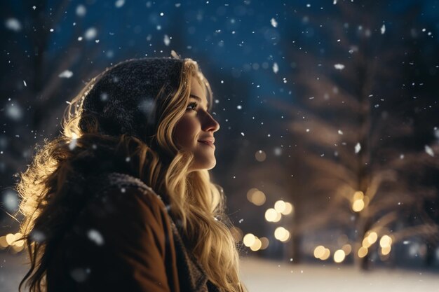 La mujer sonriente en la luz del atardecer