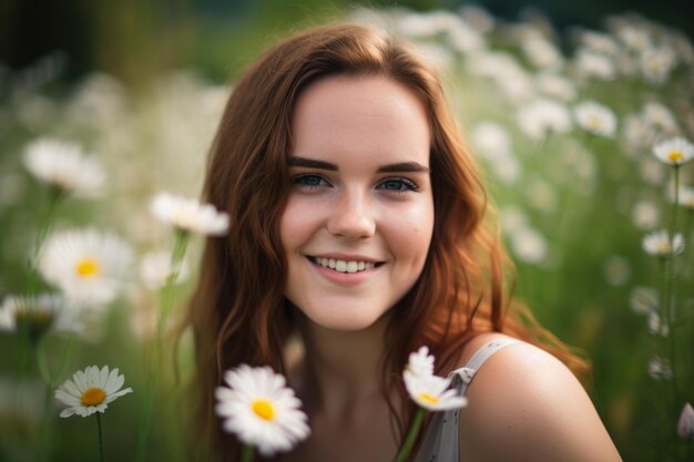 Mujer sonriente con una margarita en el pelo rodeada de un campo de flores silvestres