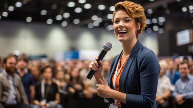 Mujer sonriente con micrófono presentando en una audiencia de conferencia profesional en el fondo IA generativa