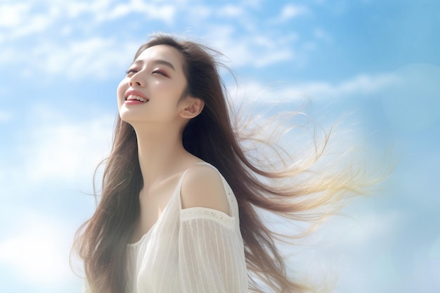 Una mujer sonriente mirando hacia el cielo al aire libre