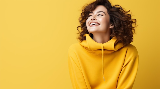 Foto una mujer sonriente mirando hacia el lado en un fondo brillante