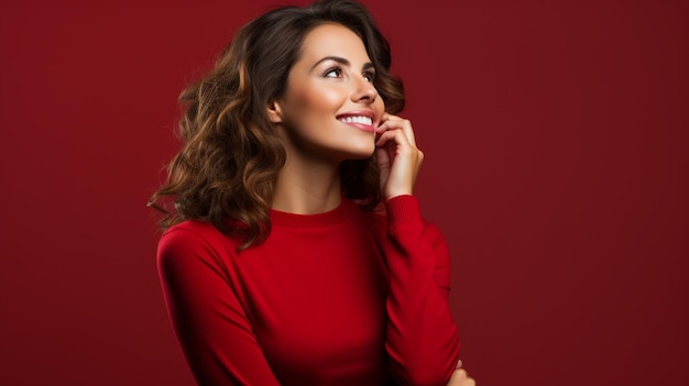 una mujer sonriente mirando hacia el lado en un fondo brillante