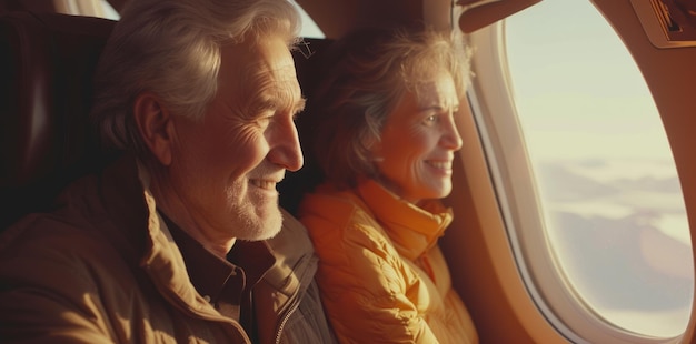Mujer sonriente mirando a su marido en un jet privado