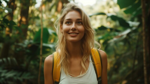 Mujer sonriente con mochila en el bosque de la selva