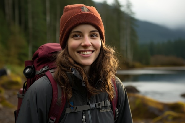 una mujer sonriente con una mochila cerca de un lago