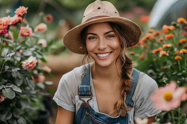 Una mujer sonriente en mono y un sombrero en un jardín de flores