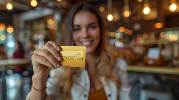 Mujer sonriente mostrando una tarjeta de crédito en un acogedor café vestimenta casual en el interior vibraciones alegres centradas en la libertad financiera y el estilo de vida moderno IA