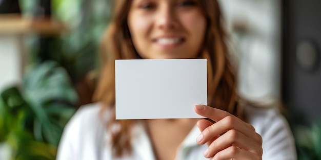 Mujer sonriente mostrando una tarjeta de descuento