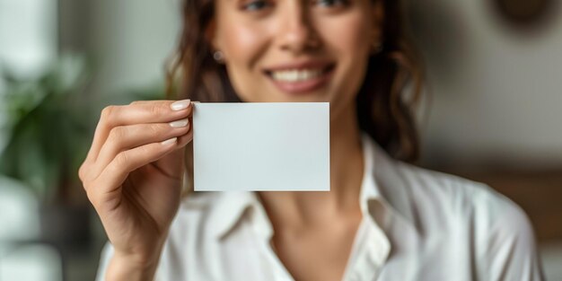 Mujer sonriente mostrando una tarjeta de descuento