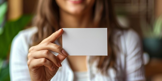 Mujer sonriente mostrando una tarjeta de descuento