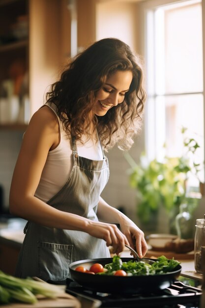 Mujer sonriente moviendo verduras en la sartén cuando cocina la cena