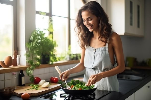 Mujer sonriente moviendo verduras en la sartén cuando cocina la cena