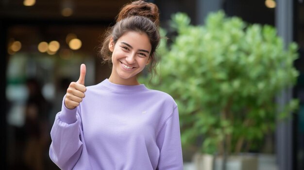 Una mujer sonriente muestra un pulgar hacia arriba con el pulgar hacia arriba.