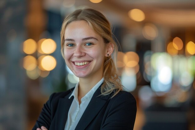 una mujer sonriente con ojos azules y una chaqueta negra