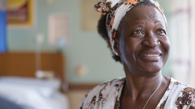 mujer sonriente con un pañuelo en la cabeza en una habitación de hospital generativa ai